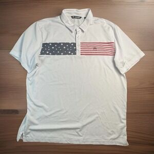 TravisMathew Polo Shirt Mens 2XL White USA Flag Stars Stripes Golf Performance
